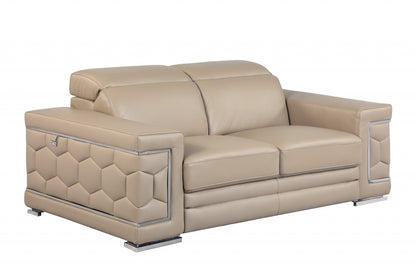 71" Beige And Silver Genuine Leather Love Seat