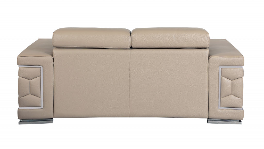 71" Beige And Silver Genuine Leather Love Seat