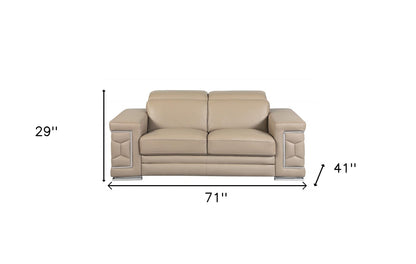 71" Beige And Silver Genuine Leather Love Seat