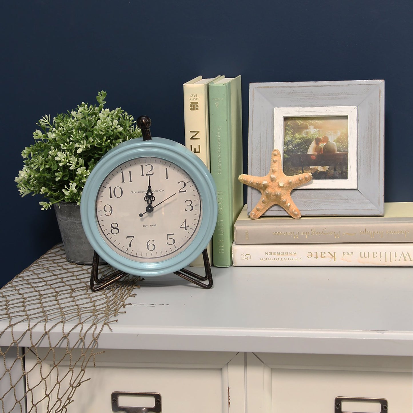 8" Blue and Black Metal Table Clock