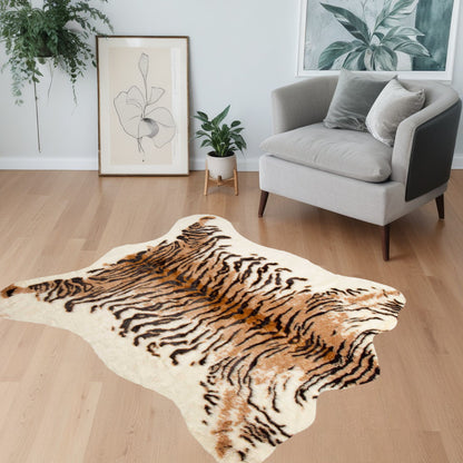 4' X 5' Brown and Black Faux Fur Tiger Print Shag Area Rug