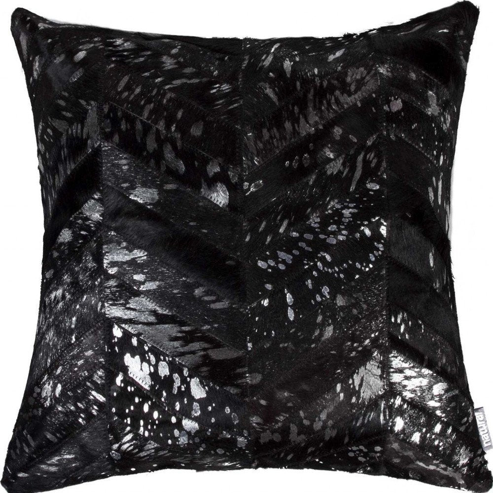 18" Black and Silver Cowhide Throw Pillow