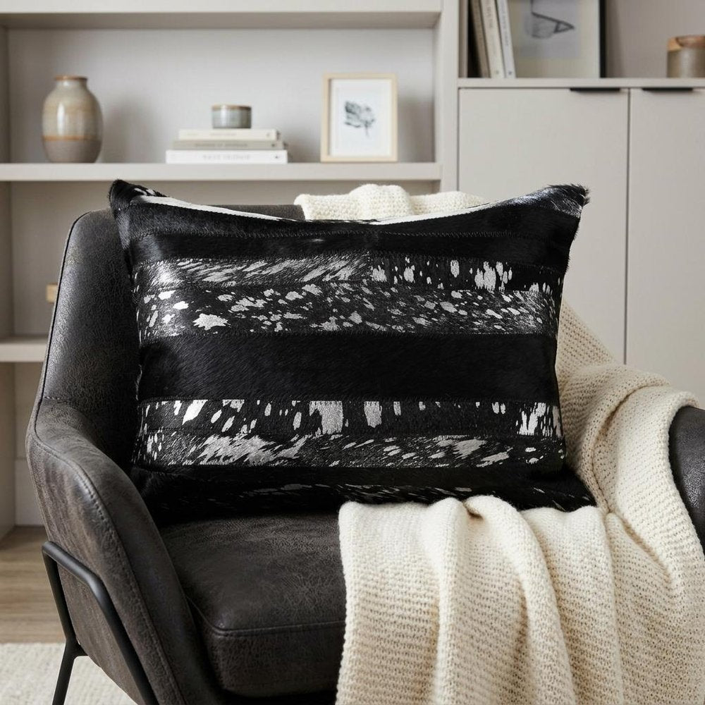 12" X 20" Black and Silver Cowhide Throw Pillow