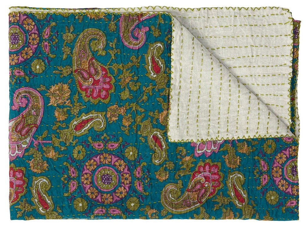 50" X 70" Yellow and Gray Kantha Cotton Floral Throw Blanket