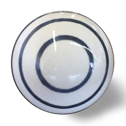 Set of Eight White And Navy Blue Geo Lines Ceramic Drawer Pull Knobs