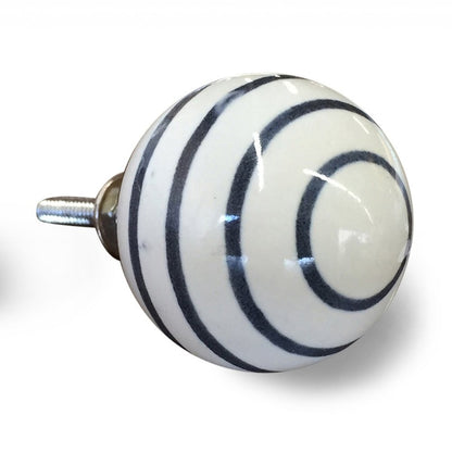 Set of Eight White And Navy Blue Geo Lines Ceramic Drawer Pull Knobs
