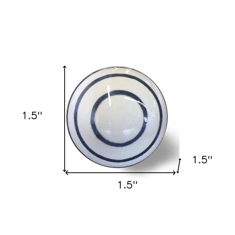 Set of Eight White And Navy Blue Geo Lines Ceramic Drawer Pull Knobs