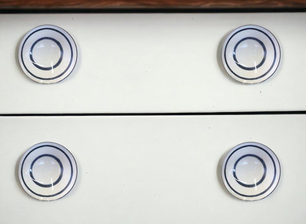 Set of Eight White And Navy Blue Geo Lines Ceramic Drawer Pull Knobs