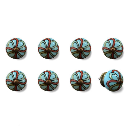Set of Eight Turquoise And Red Geometric Ceramic Drawer Pull Knobs