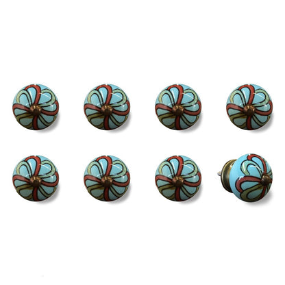 Set of Eight White And Navy Blue Geo Lines Ceramic Drawer Pull Knobs