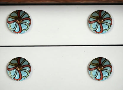 Set of Eight White And Navy Blue Geo Lines Ceramic Drawer Pull Knobs