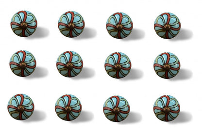 Set of Twelve Turquoise And Red Geometric Ceramic Drawer Pull Knobs