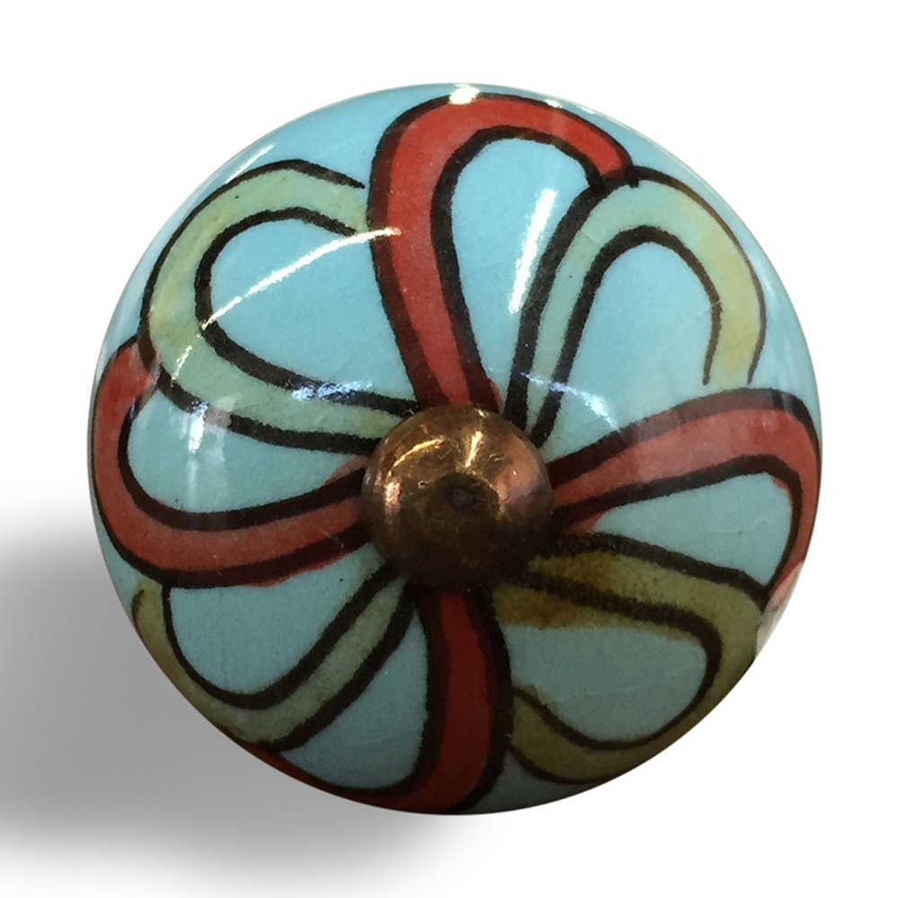 Set of Twelve Turquoise And Red Geometric Ceramic Drawer Pull Knobs