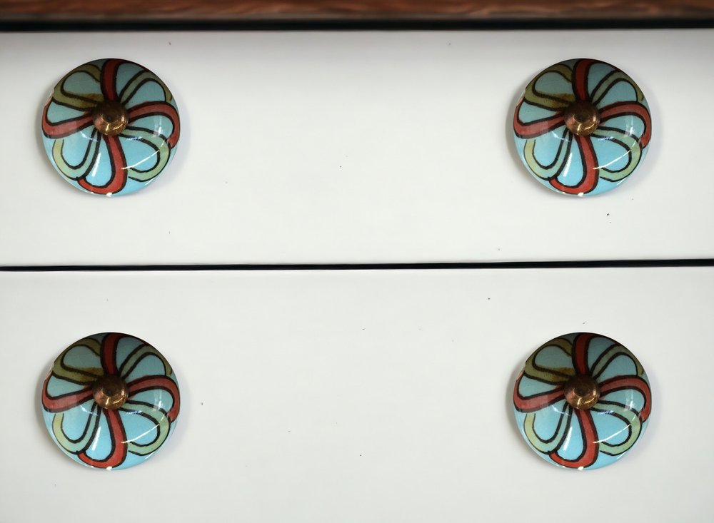 Set of Twelve Turquoise And Red Geometric Ceramic Drawer Pull Knobs
