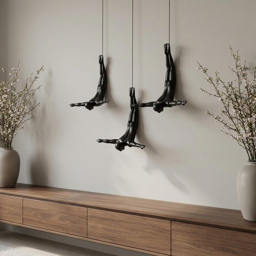Set of Three Black Resin Diving Man Hanging Dimensional Sculpture