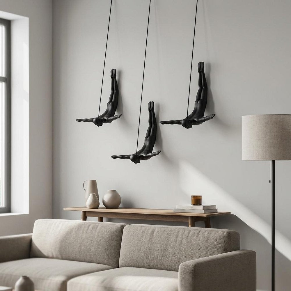 Set of Three White Resin Diving Man Hanging Dimensional Sculpture