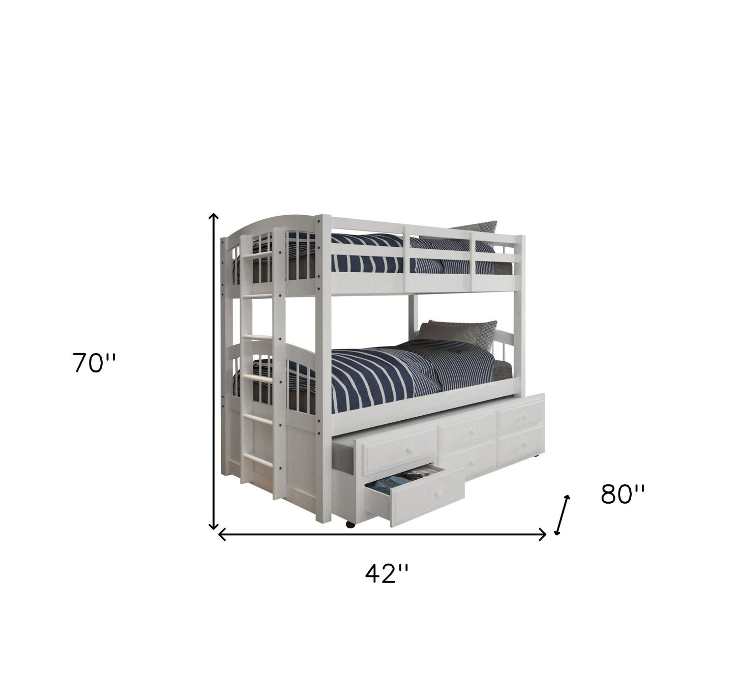 80" X 42" X 70" White Twin Bunk Bed  Trundle With 3 Drawers