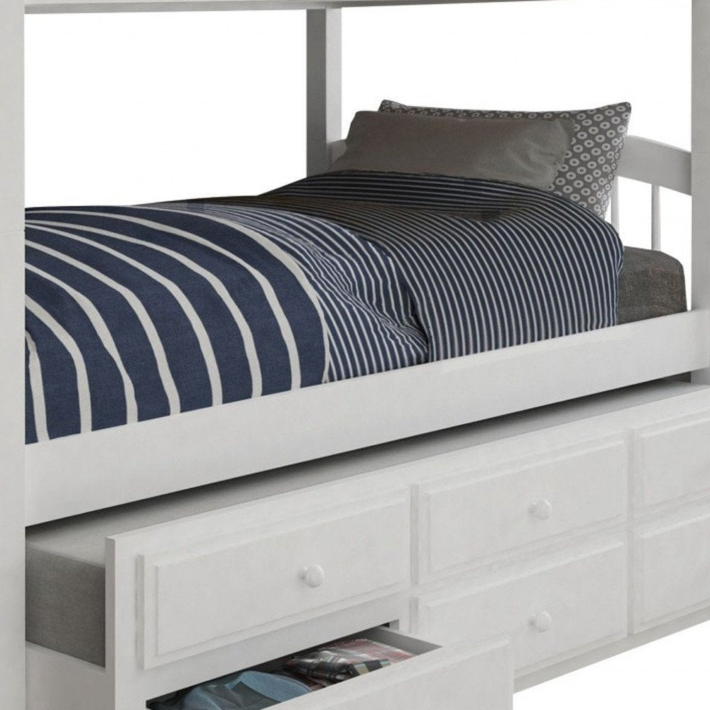 White Twin Solid Wood Bunk Bed With Trundle And Storage