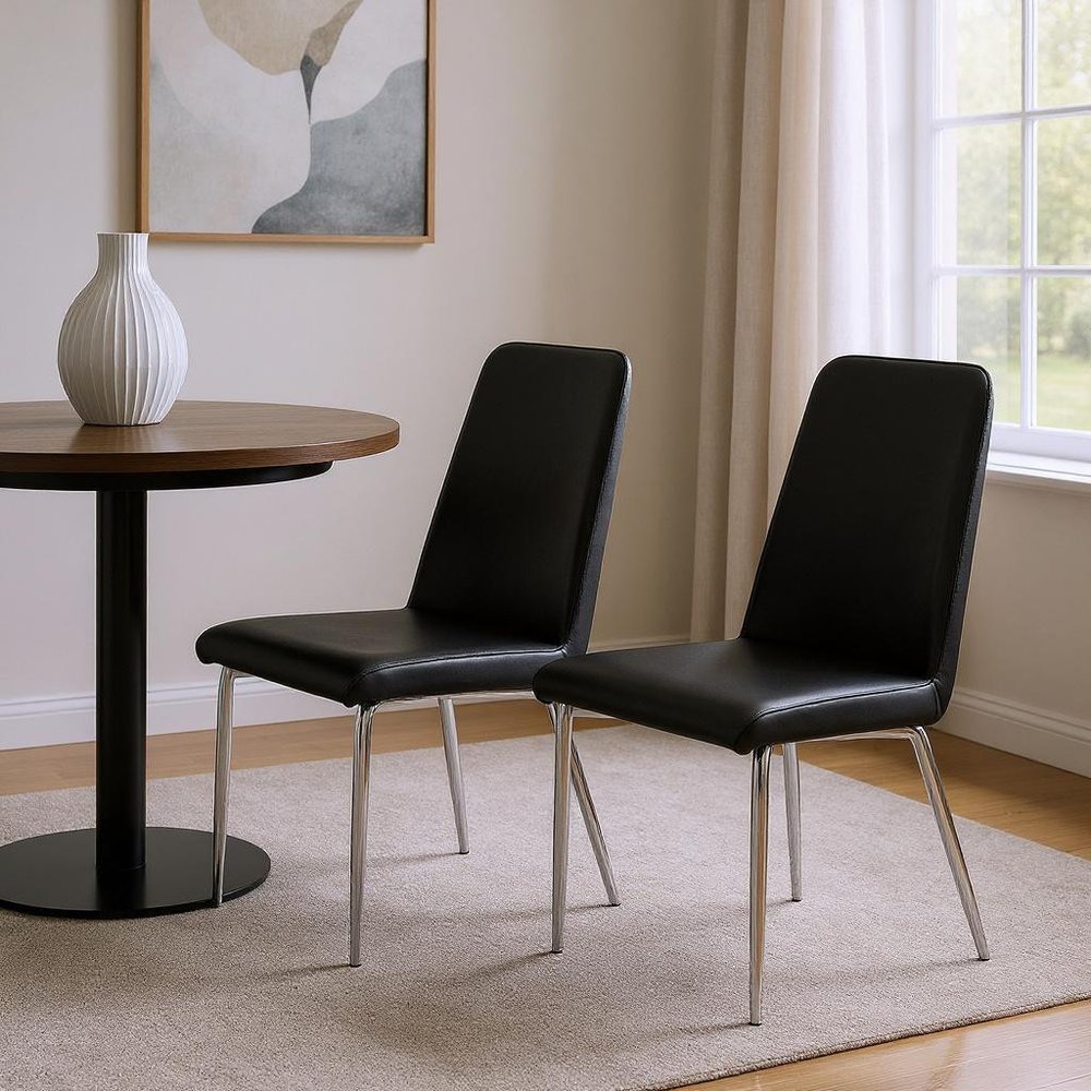 Set of Two Black And Silver Upholstered Faux Leather Dining Side Chairs