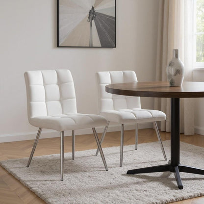Set of Two Tufted Gray And Silver Upholstered Faux Leather Dining Side Chairs