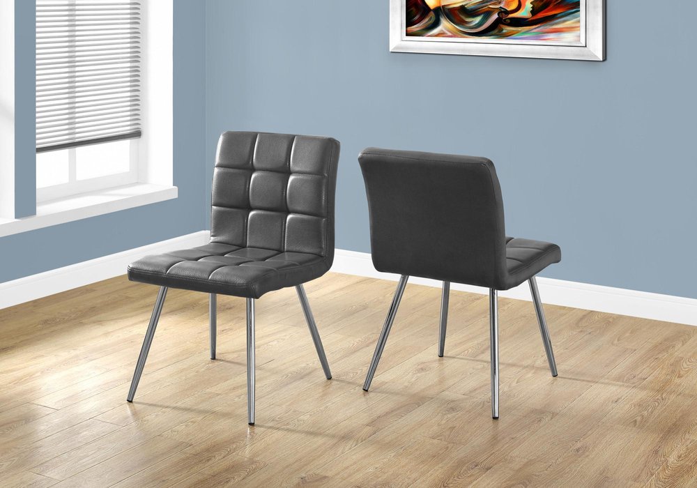 Set of Two Tufted Gray And Silver Upholstered Faux Leather Dining Side Chairs