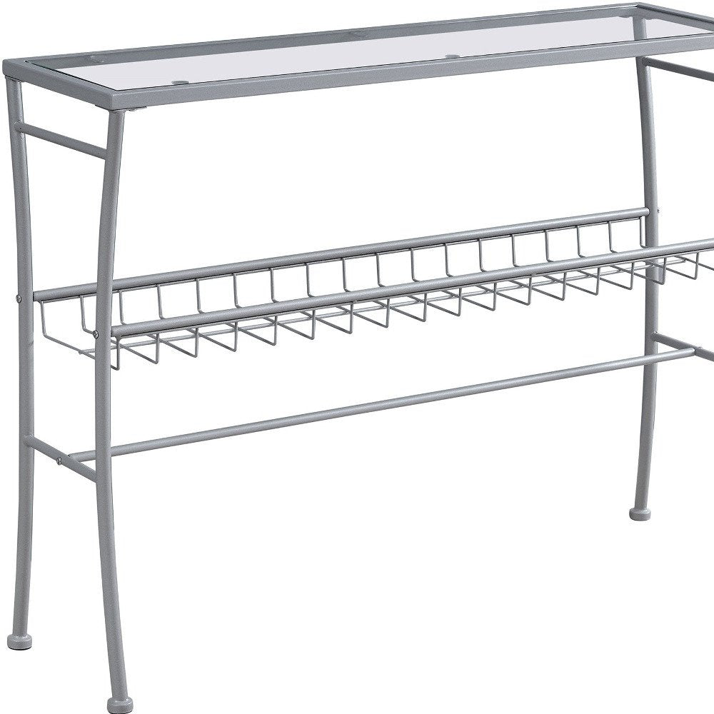 42" Clear and Silver Glass and Metal Console Table With Shelf