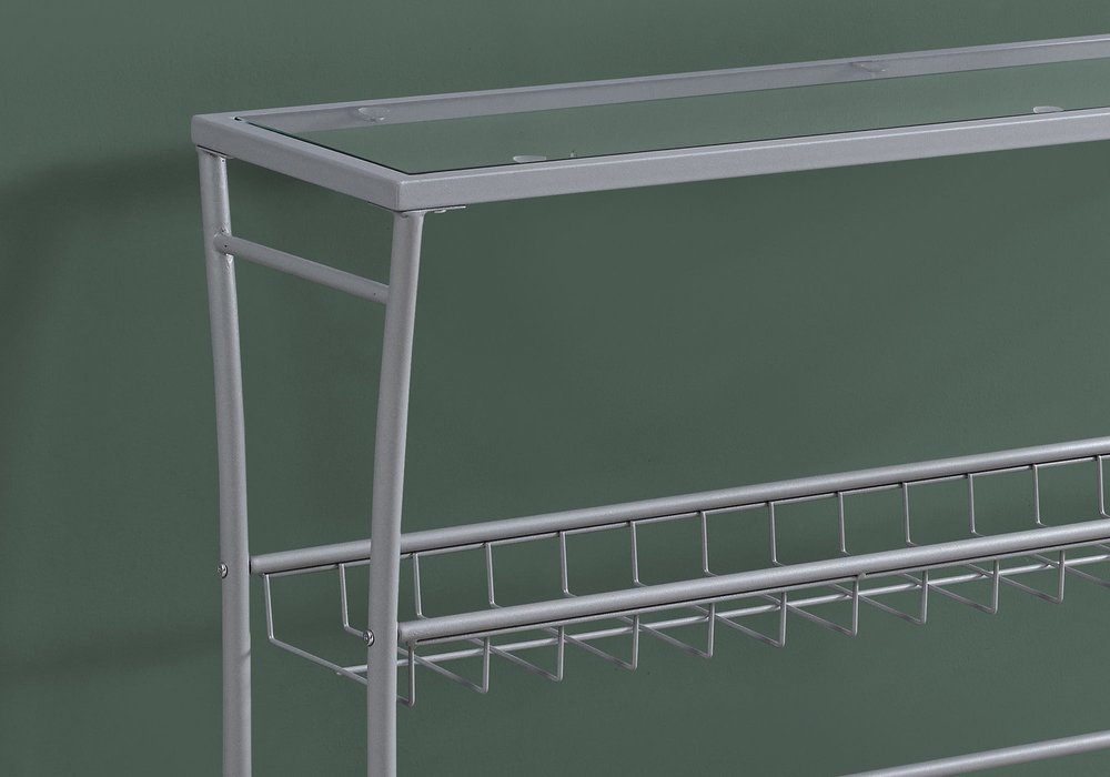 42" Clear and Silver Glass and Metal Console Table With Shelf