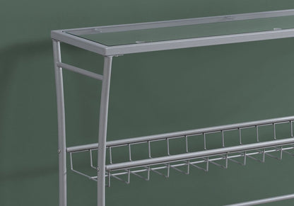 42" Clear and Silver Glass and Metal Console Table With Shelf