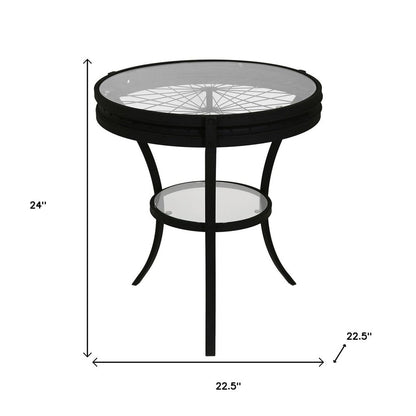 24" Black And Clear Glass And Metal Round End Table With Shelf