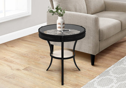 24" Black And Clear Glass And Metal Round End Table With Shelf