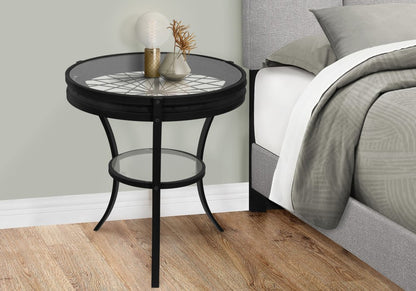 24" Black And Clear Glass And Metal Round End Table With Shelf