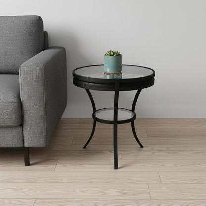 24" Black And Clear Glass And Metal Round End Table With Shelf