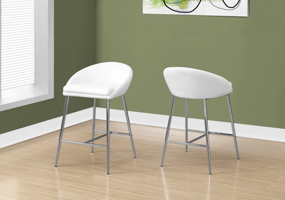 Set of Two 24" White And Silver Leather Match And Metal Low Back Bar Chairs