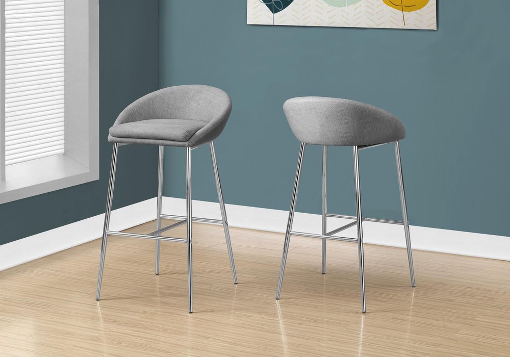 Set of Two 30" Gray And Silver Fabric And Metal Low Back Bar Chairs