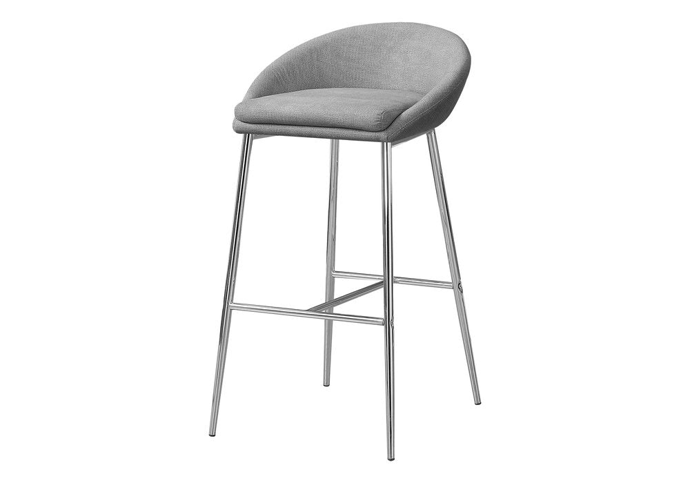 Set of Two 30" Gray And Silver Fabric And Metal Low Back Bar Chairs