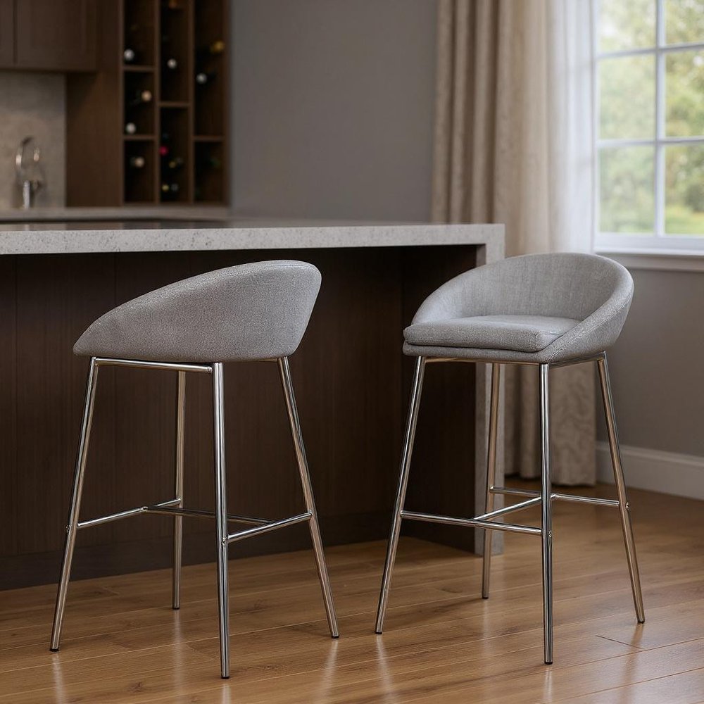 Set of Two 30" Gray and Silver Metal Low Back Bar Chairs