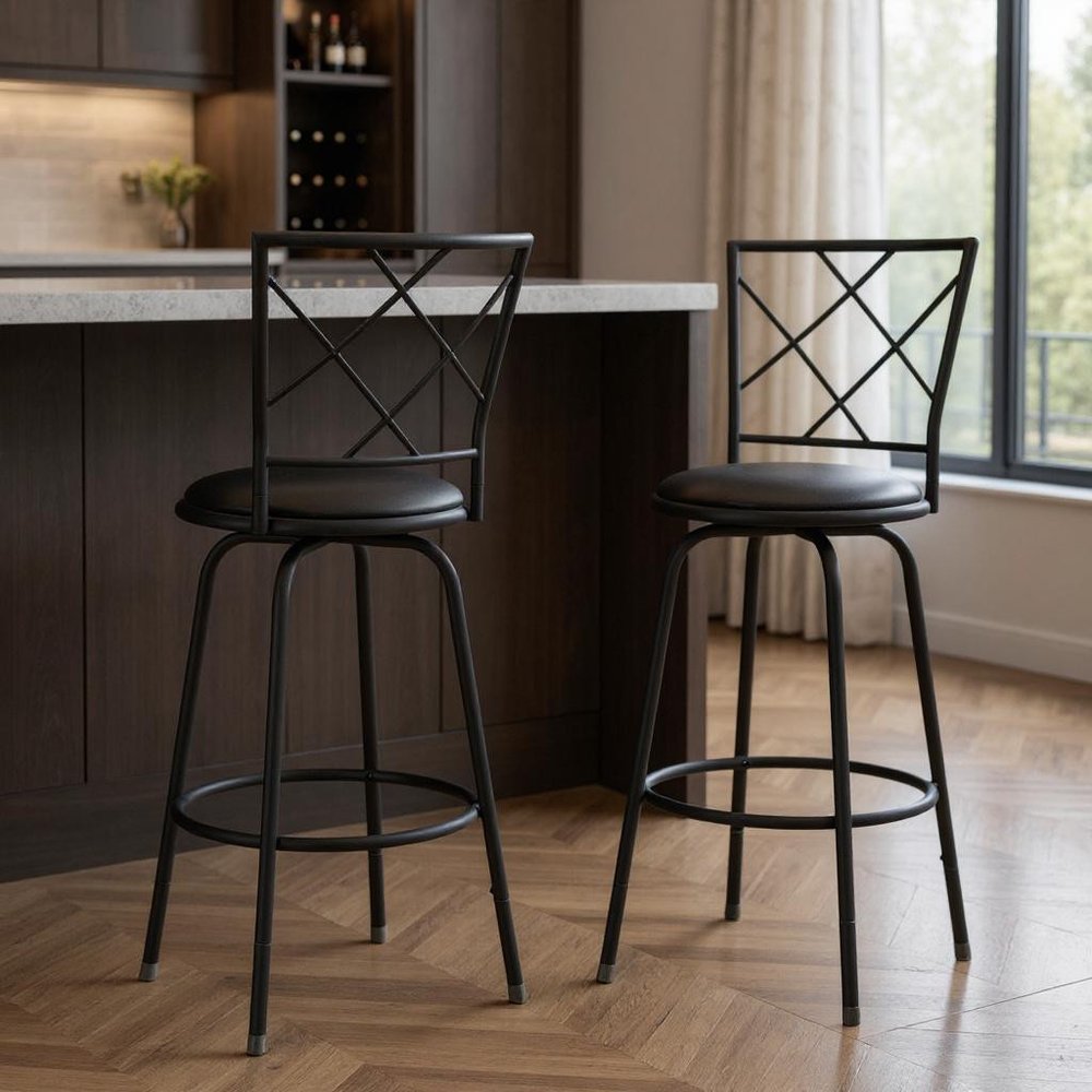 Set of Two 28" Black Leather Match And Metal Bar Chairs