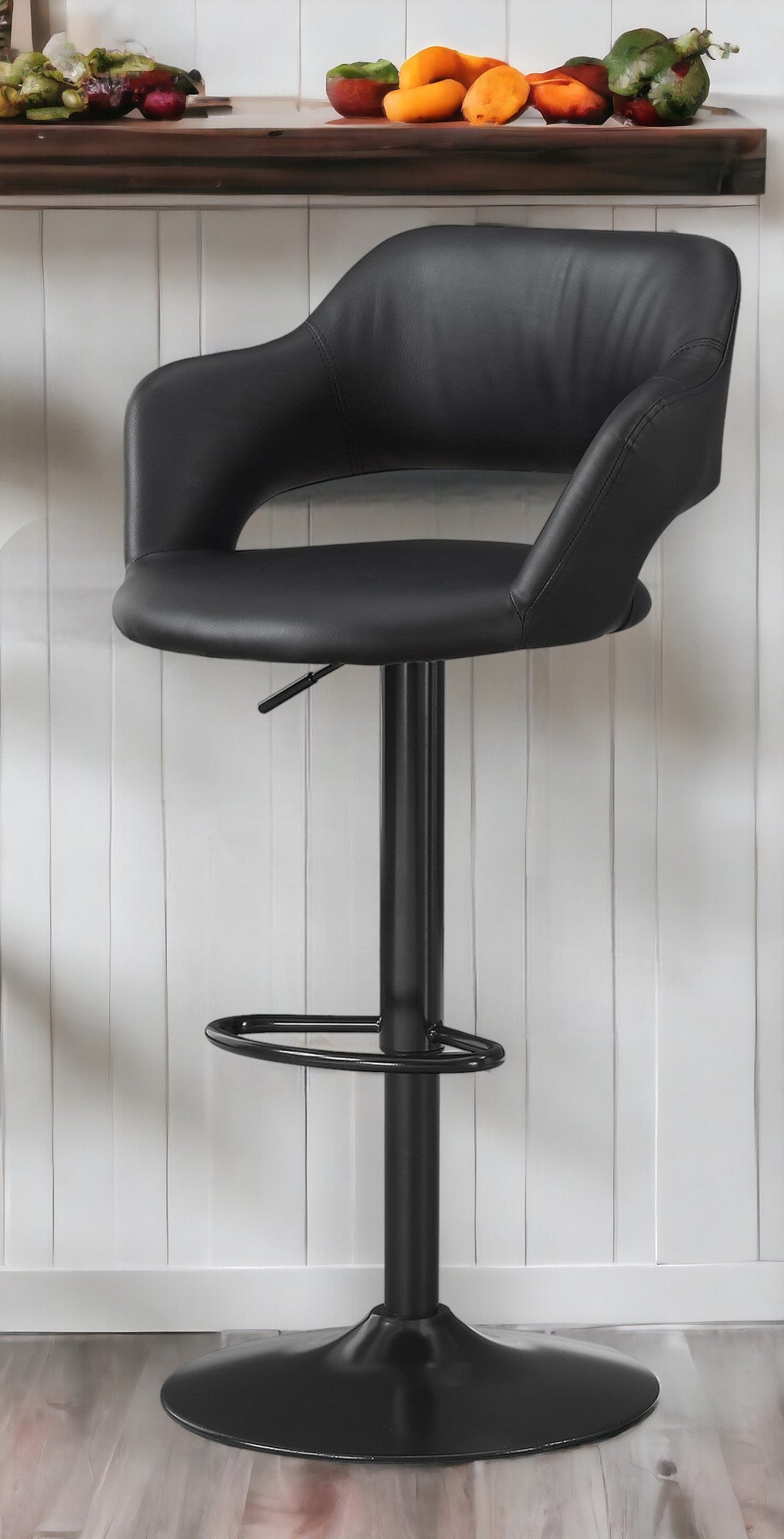 Black Faux Leather And Metal Low Back Adjustable Height Bar Chair