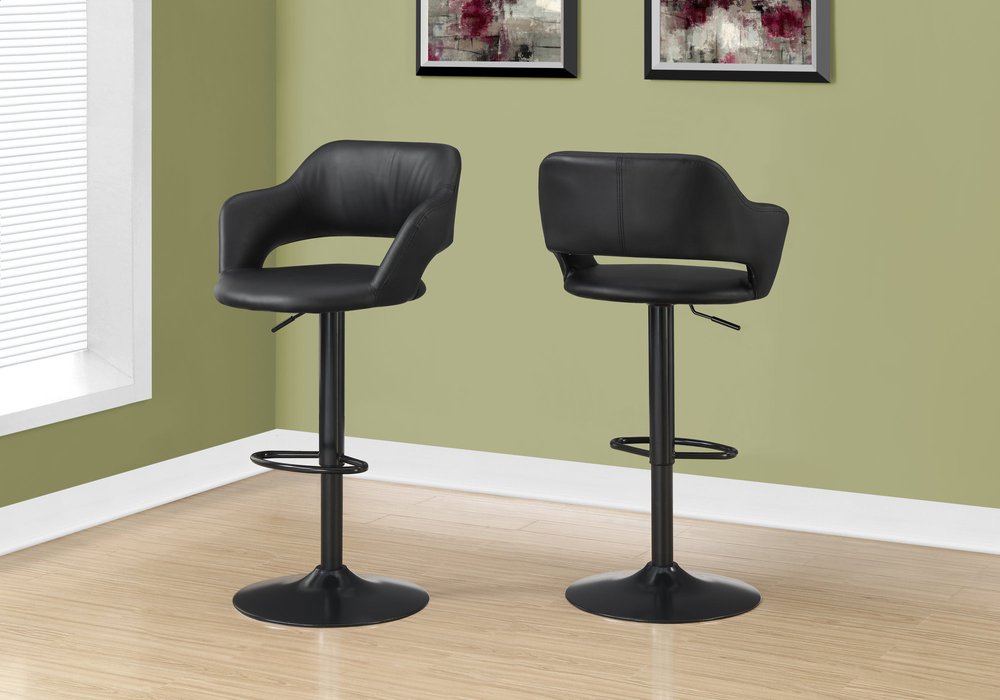 Black Faux Leather And Metal Low Back Adjustable Height Swivel Bar Chair