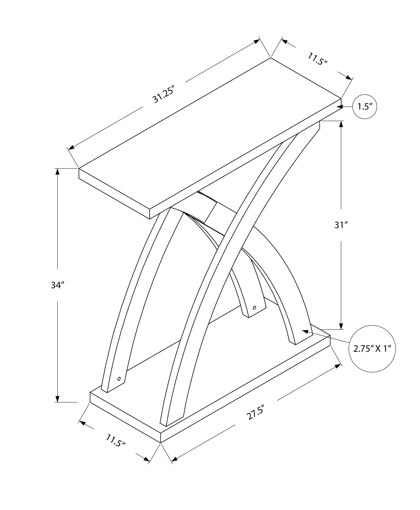 31" Espresso Cross Leg Console Table With Shelves