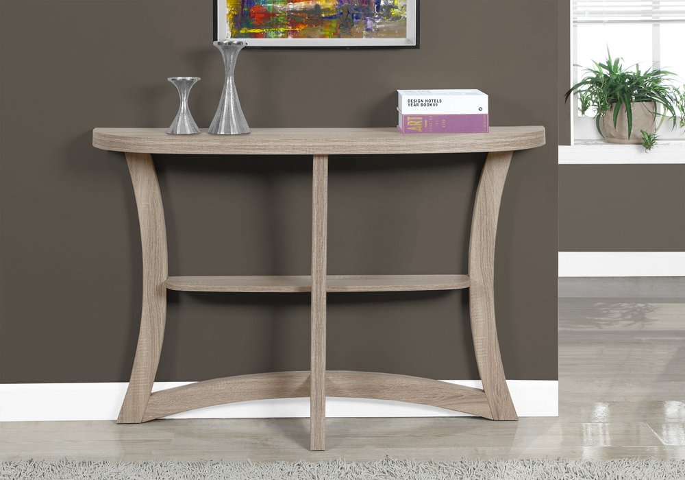 47" Taupe Half Moon Three Leg Console Table With Shelves
