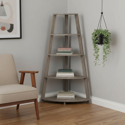 60" Taupe Wood Four Tier Corner Bookcase