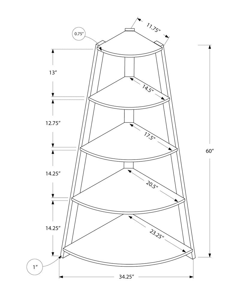 60" Taupe Wood Four Tier Corner Bookcase