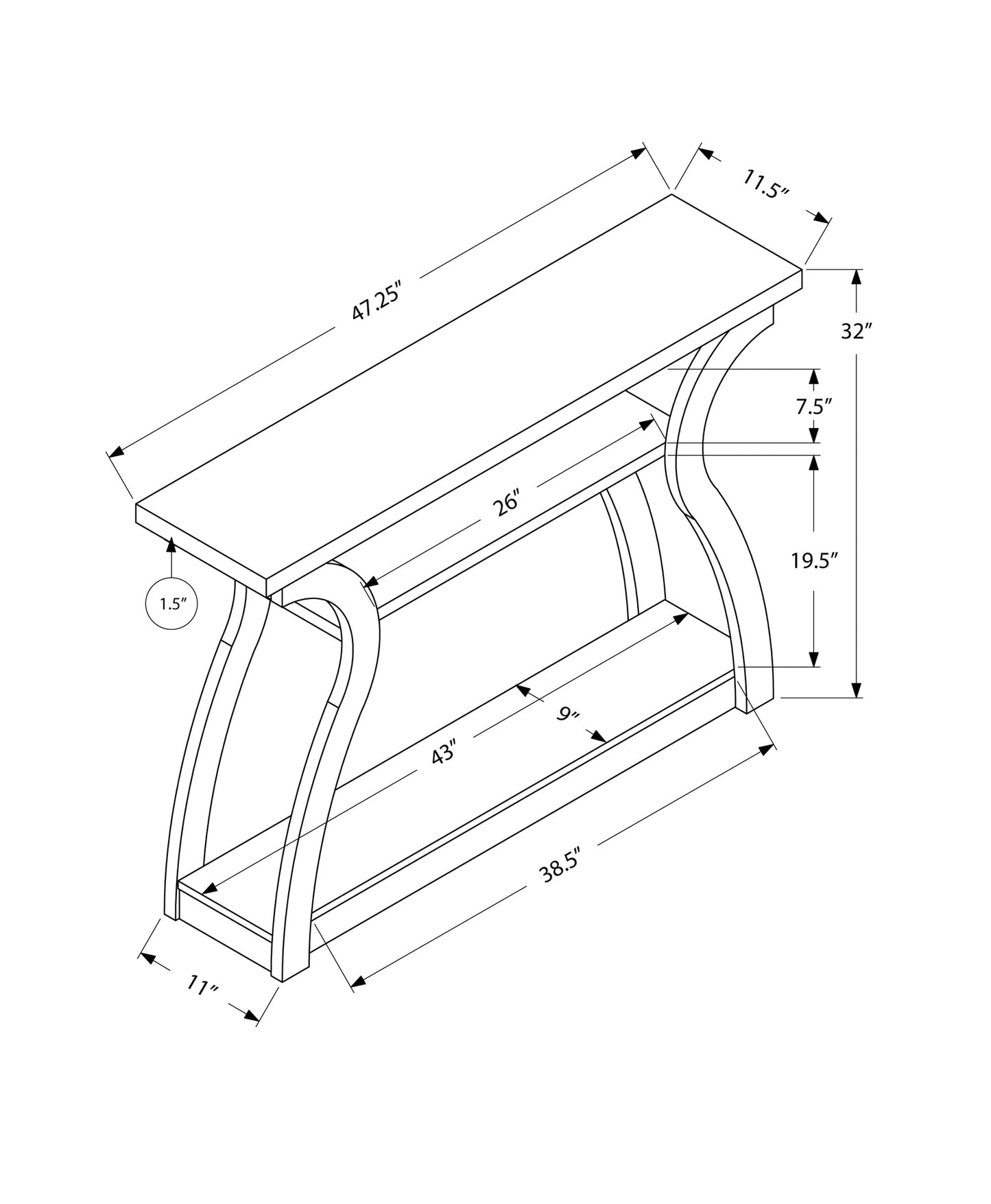 47" Black Floor Shelf Console Table With Shelves