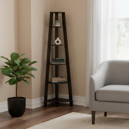 71" Gray Wood Five Tier Corner Bookcase