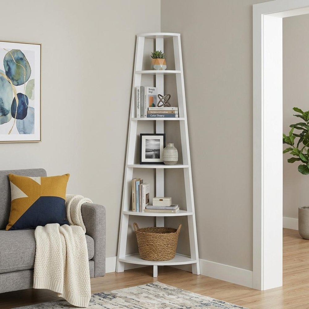 71" Gray Wood Five Tier Corner Bookcase