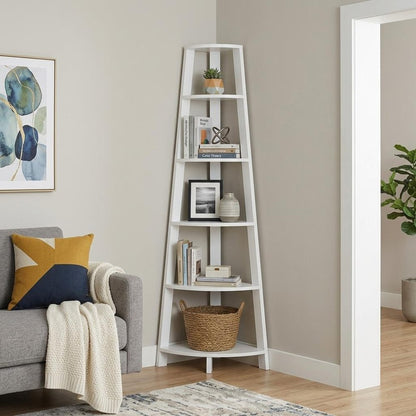 71" Gray Wood Five Tier Corner Bookcase
