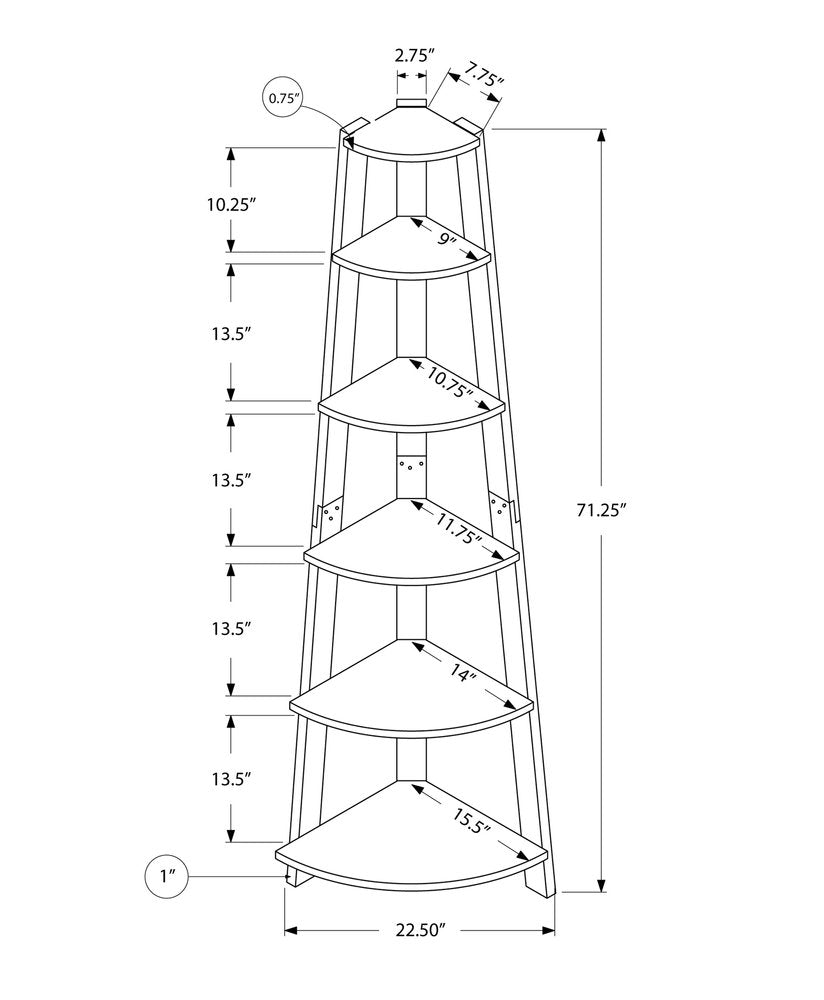 71" Gray Wood Five Tier Corner Bookcase