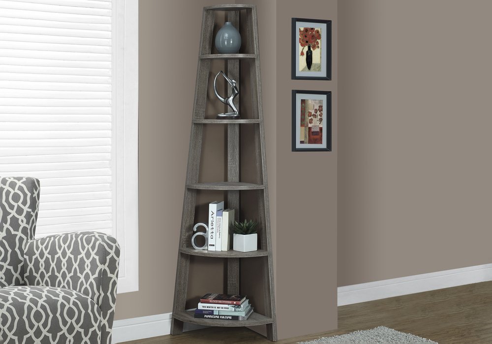71" Gray Wood Five Tier Corner Bookcase
