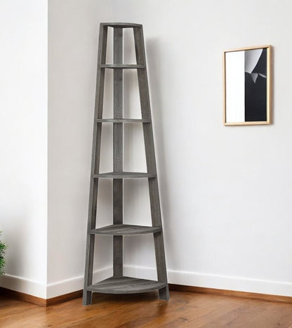 71" Black Wood Five Tier Corner Bookcase